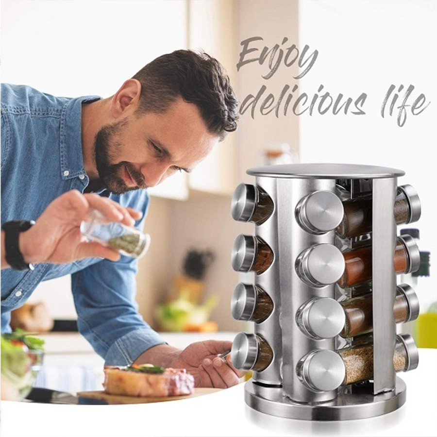 Porta Tempero Inox Giratório Com 16 Potes Torre De Condimentos - Imagem 3